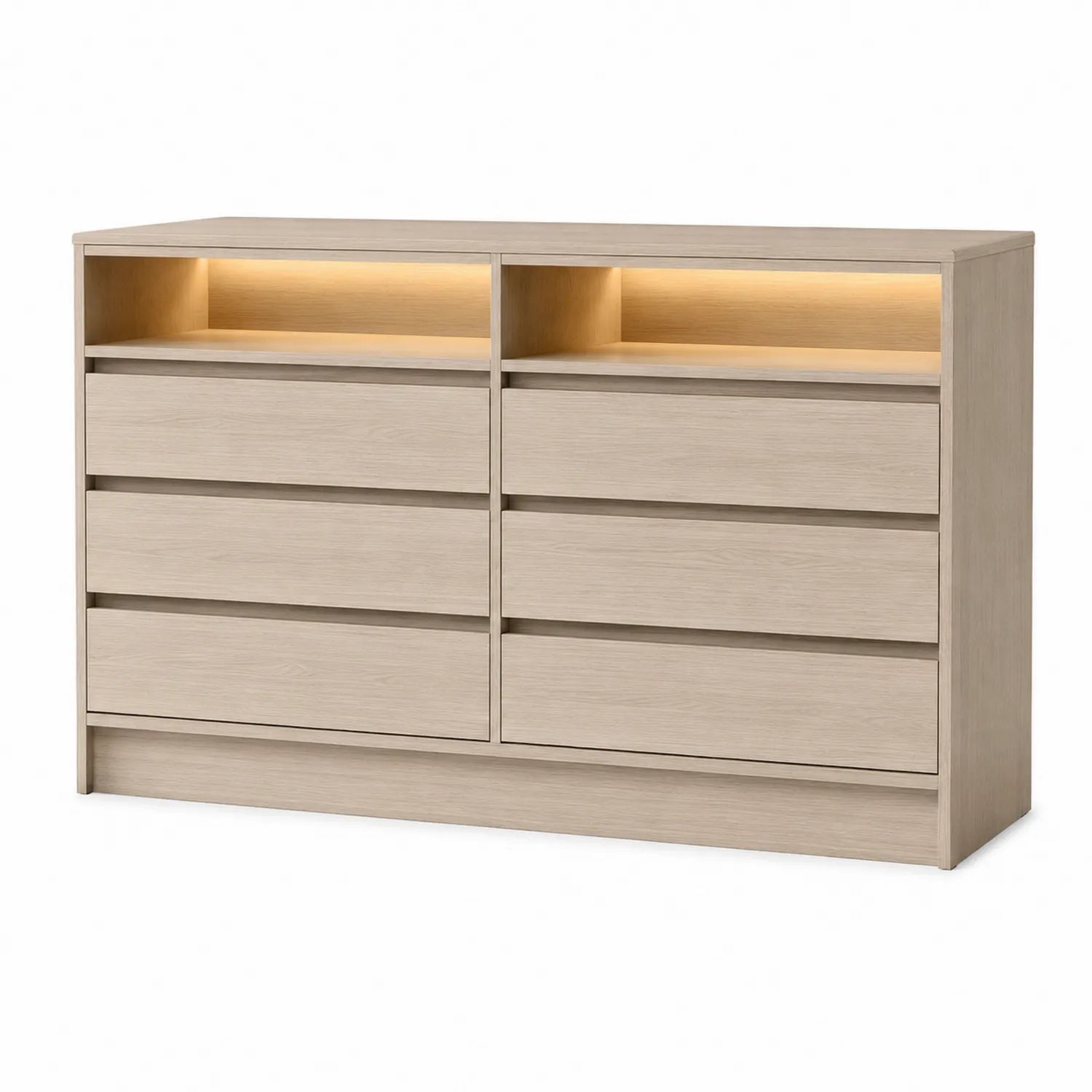 Commode en Bois Clair avec Tiroirs et Étagères Ouvertes Éclairage LED