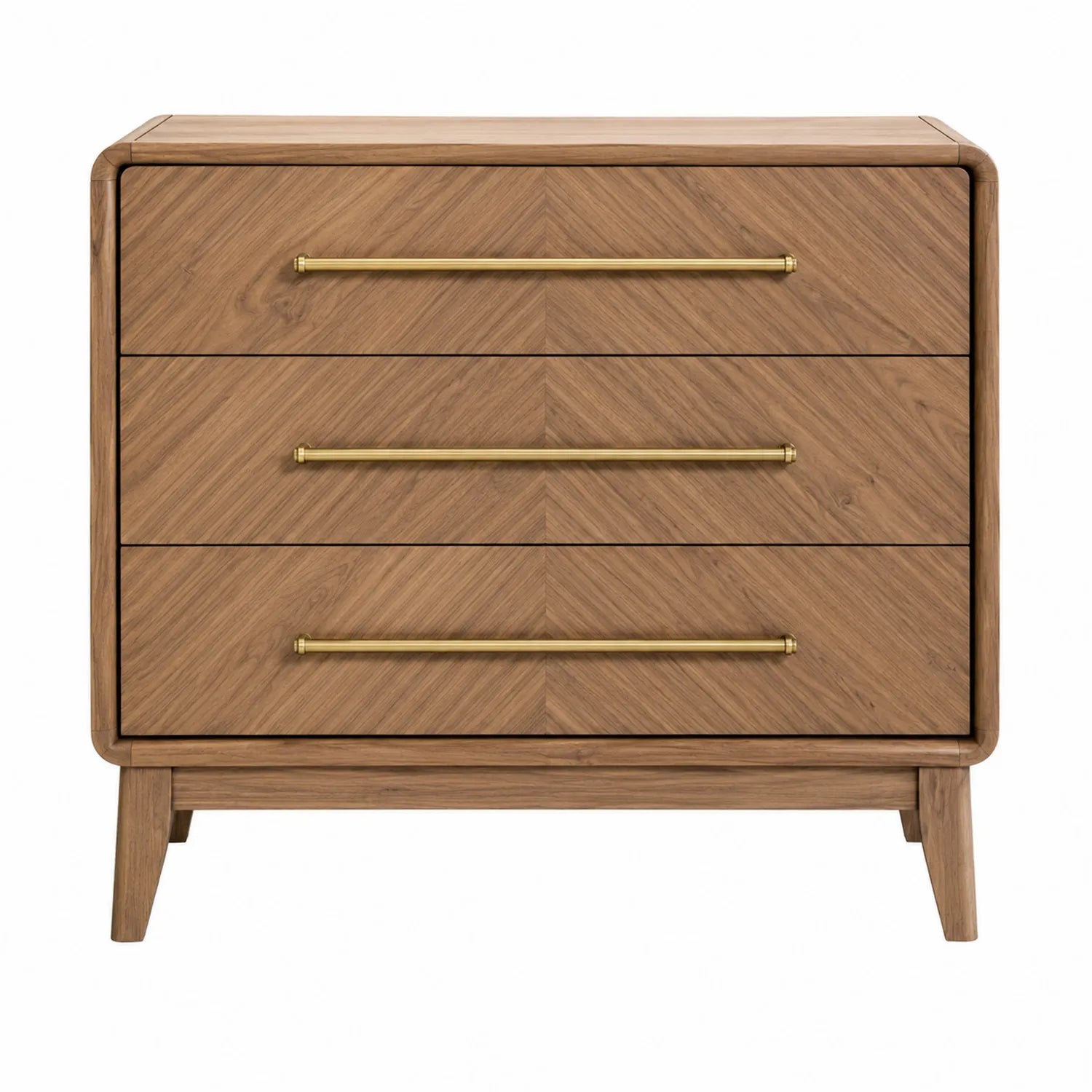 Commode en bois de noyer à trois tiroirs avec poignées en métal doré