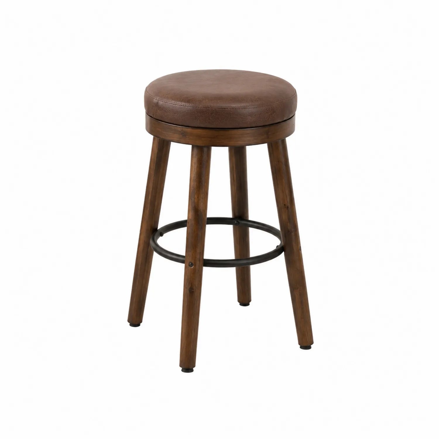 Tabouret de bar rond en bois et cuir PU marron