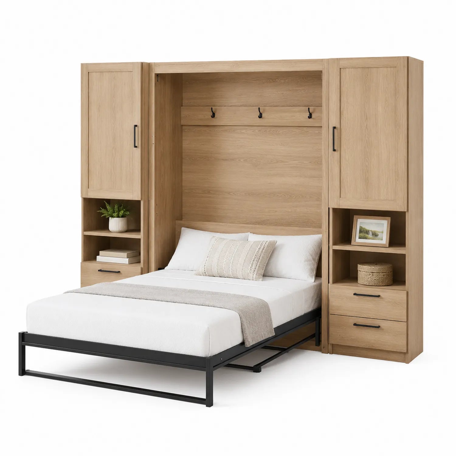 Lit escamotable en bois avec étagères et armoires