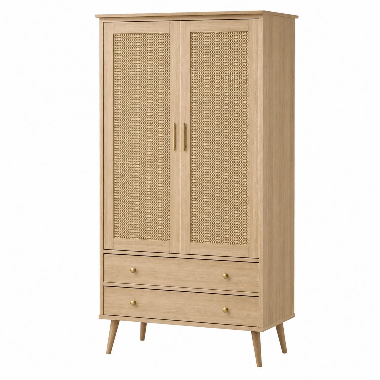 Armoire en bois de chêne avec portes en rotin et tiroirs 200x100x60 cm