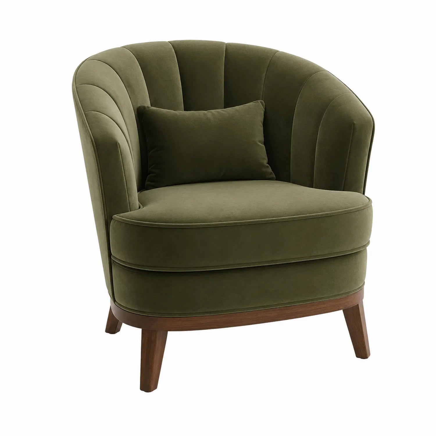 Fauteuil en velours vert olive avec coussin