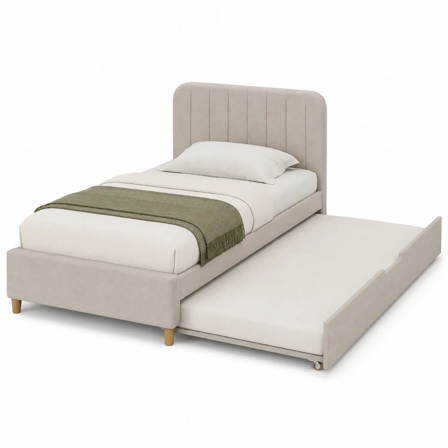Lit simple en bois avec lit gigogne et tête de lit en tissu Beige