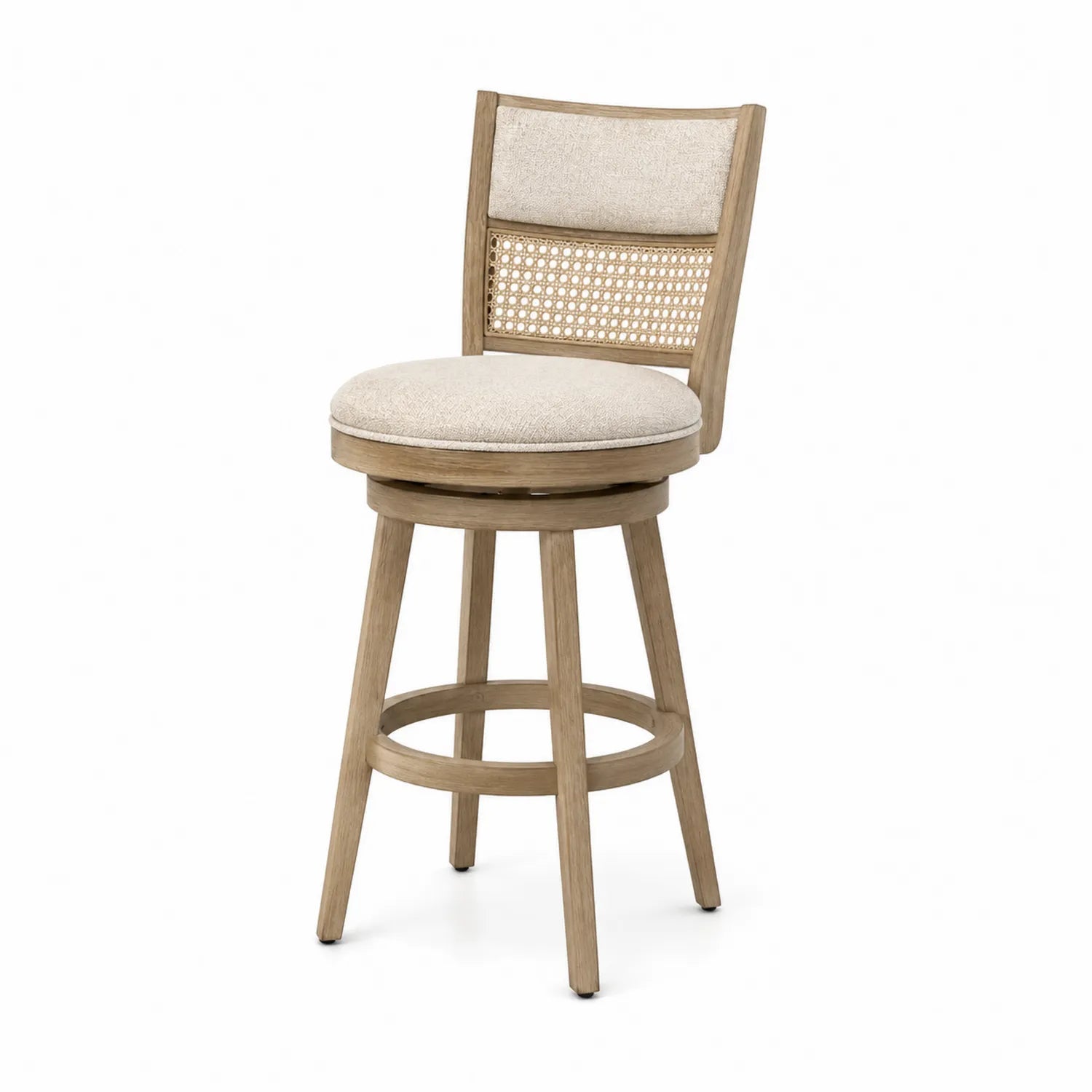 Tabouret de bar pivotant en bois avec assise en polyester et dossier en rotin