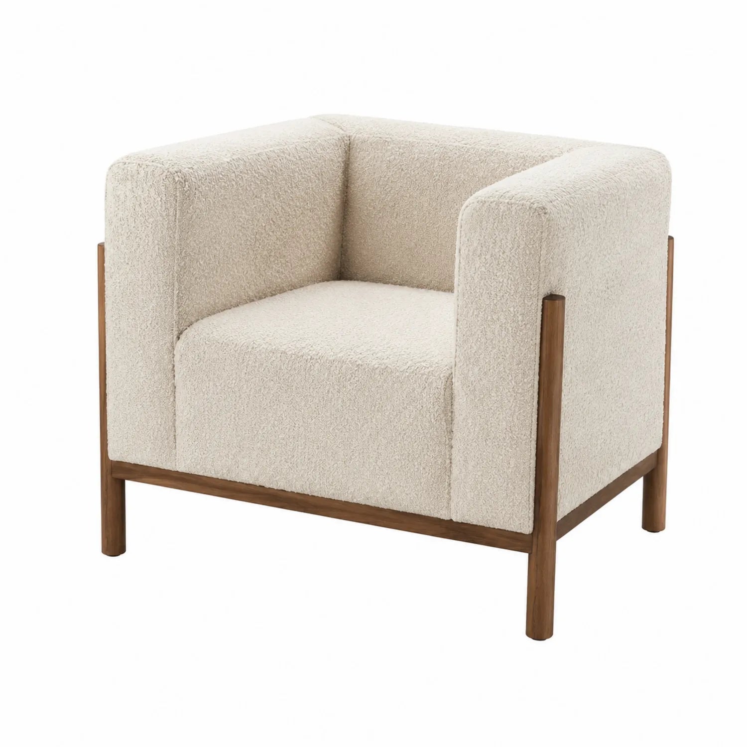 Fauteuil carré en tissu bouclé beige avec structure en bois
