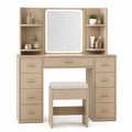 Coiffeuse en bois clair avec miroir LED et tabouret, 7 tiroirs