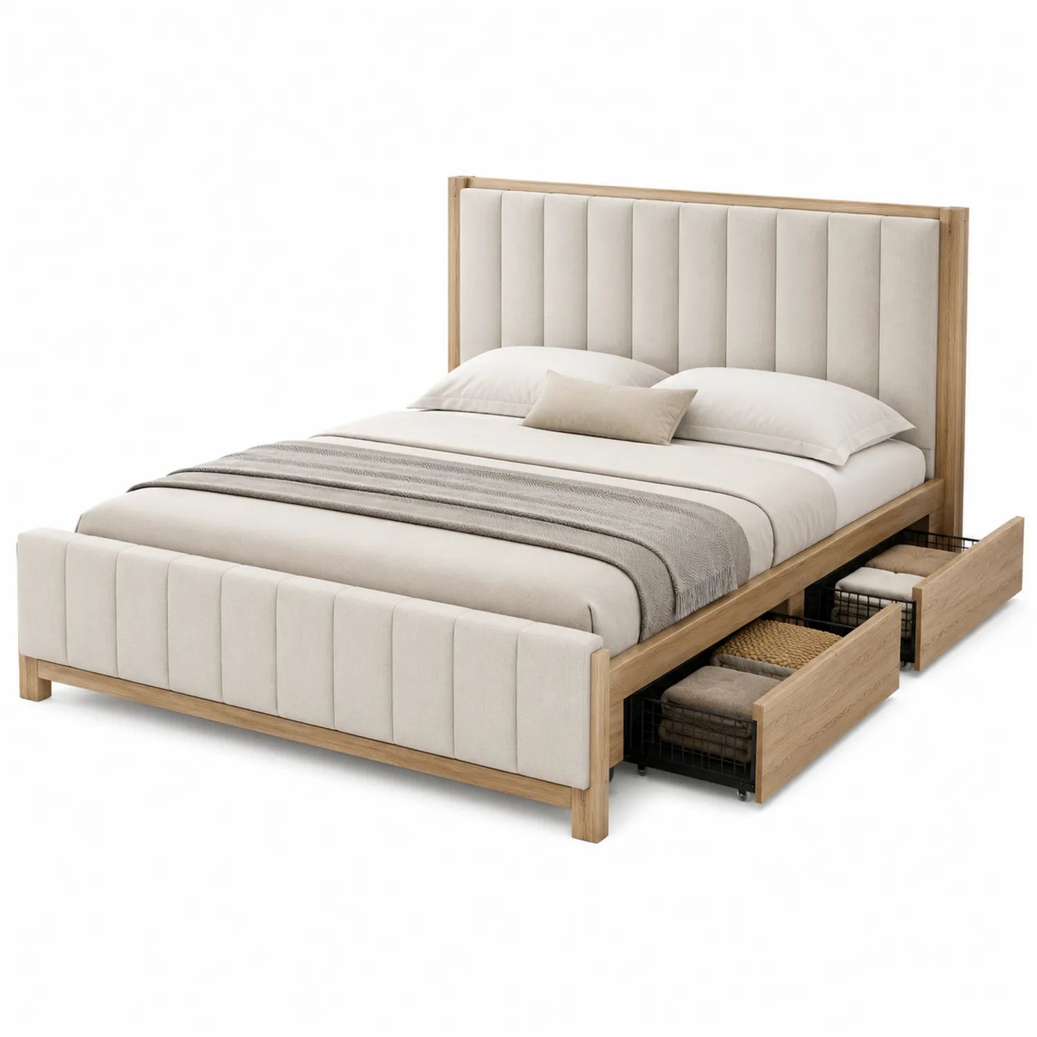 Lit double en bois avec rangement en tissu crème 200x160 cm