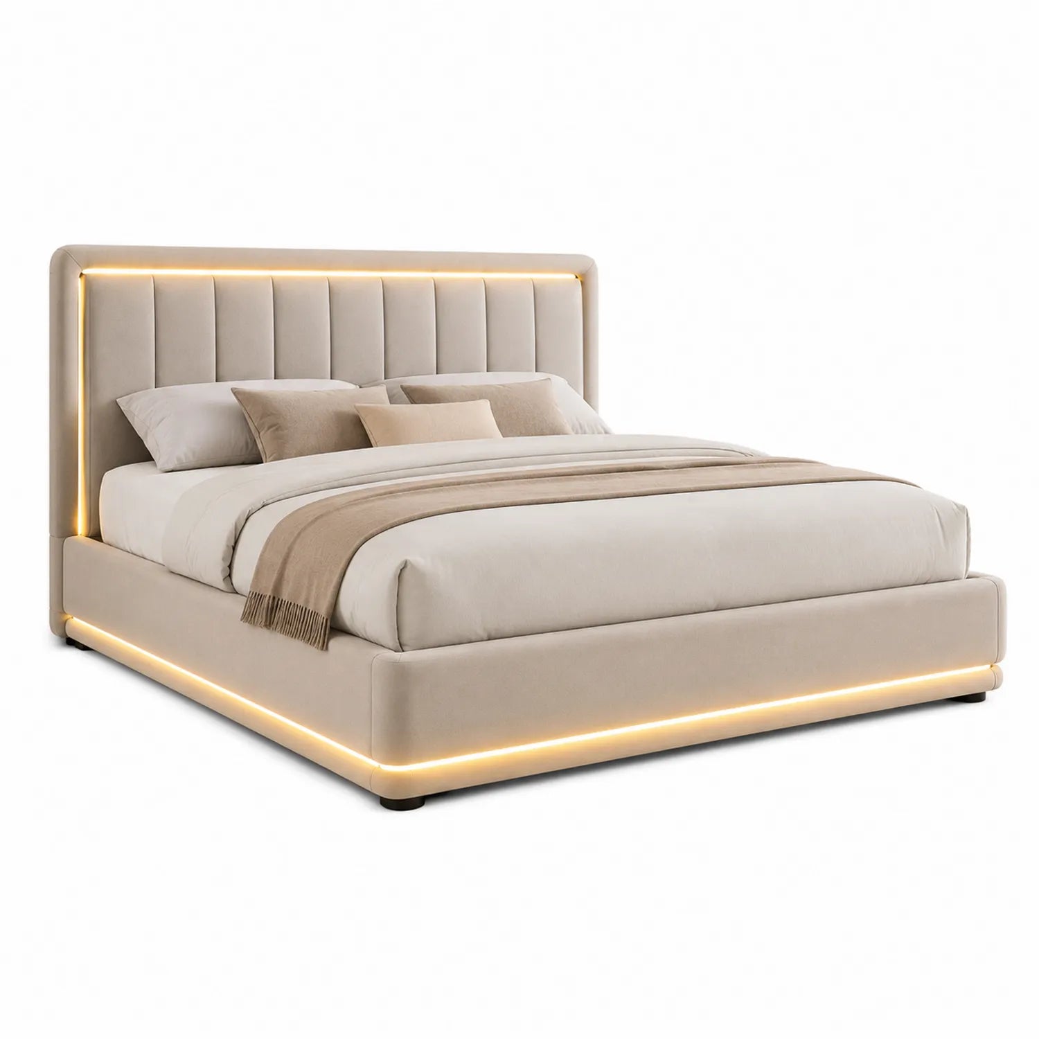 Lit en velours beige avec éclairage LED intégré 200x180 cm
