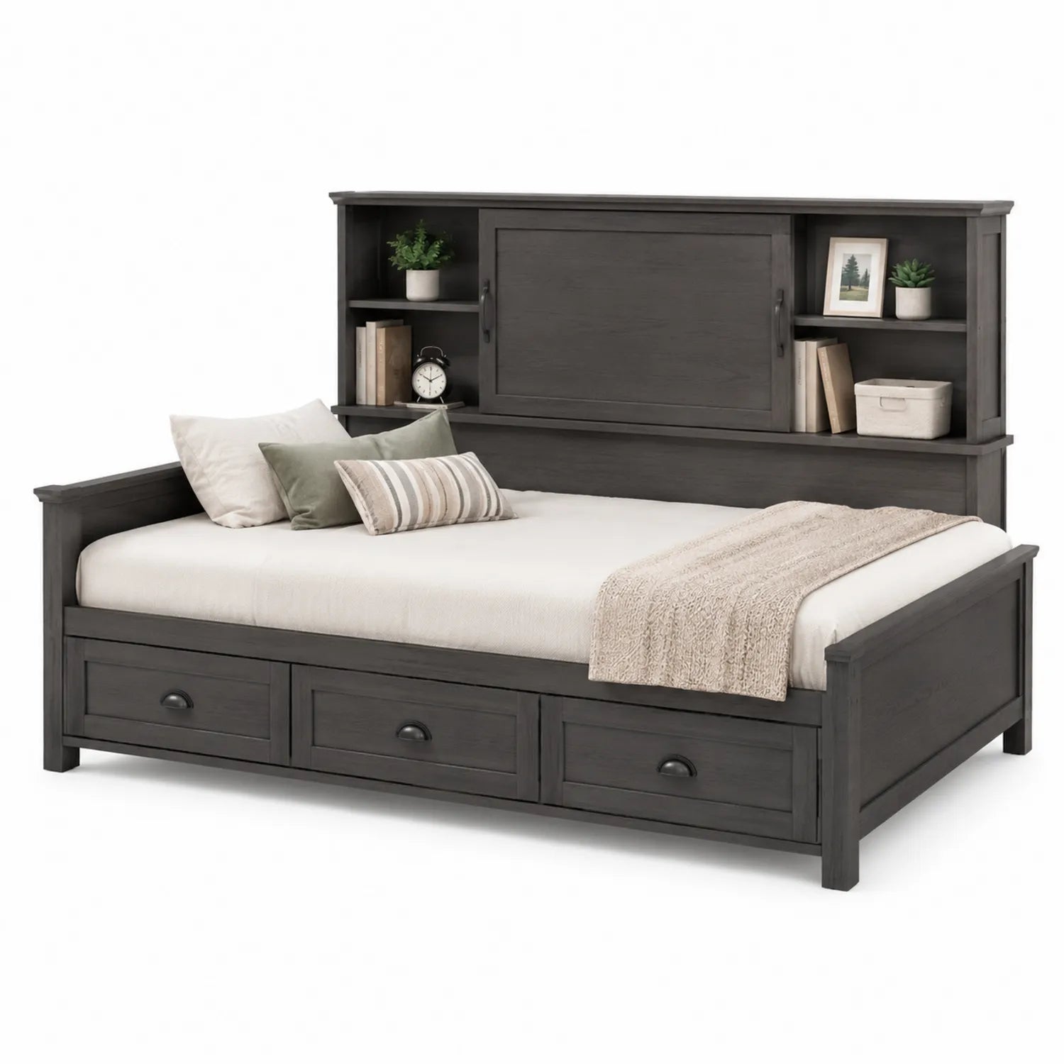 Lit en bois gris avec étagère et tiroirs