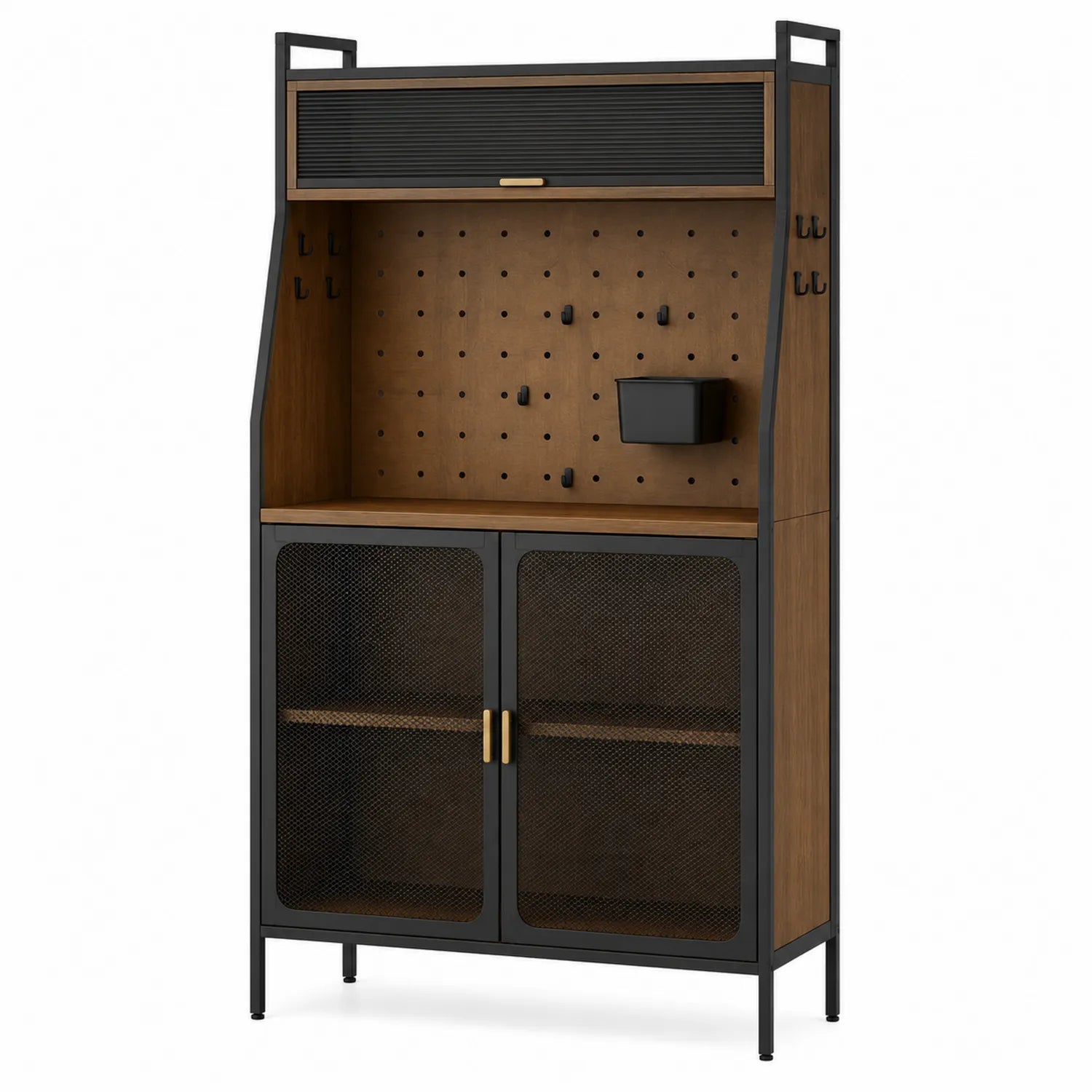 Étagère de Cuisine en Bois et Métal Noir avec Portes Grillagées 180x90x40cm