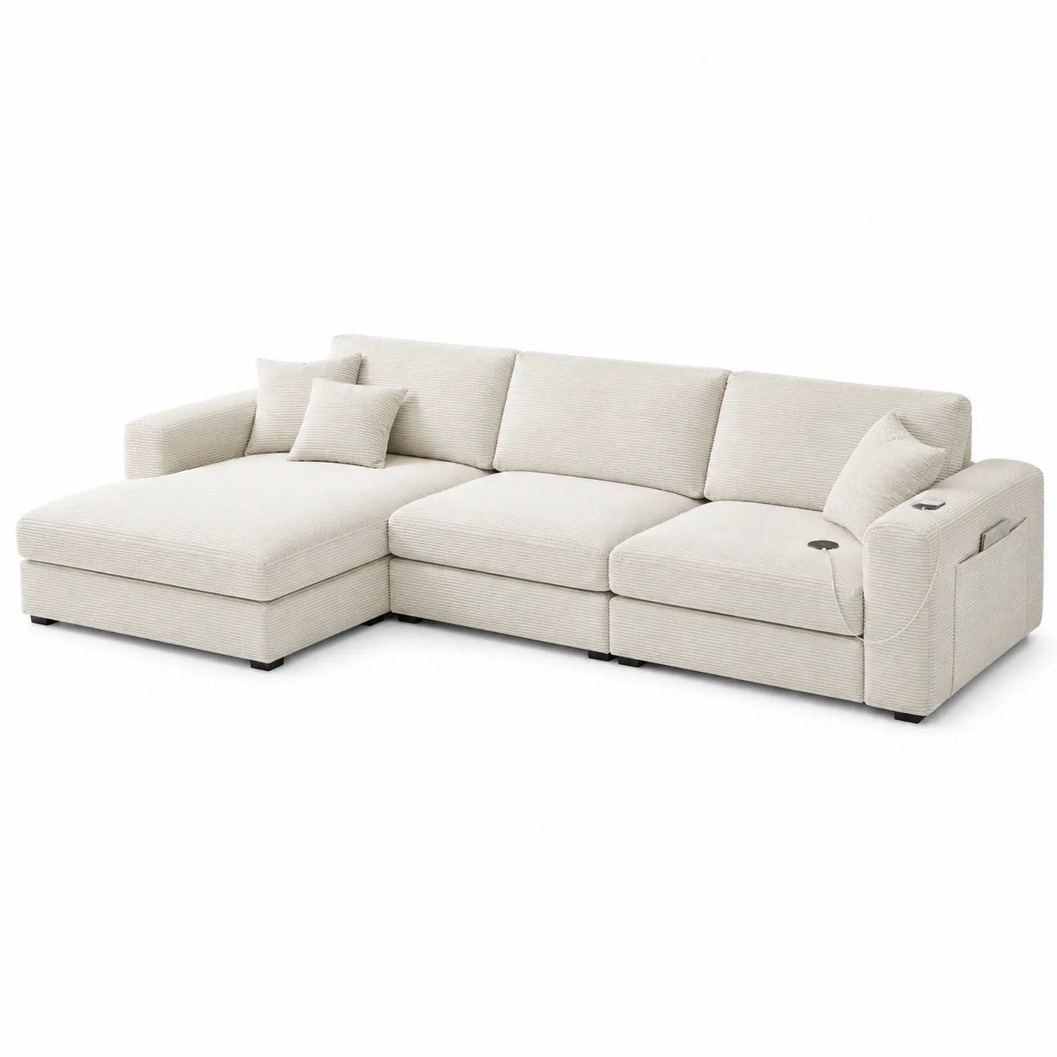 Canapé d'angle en tissu cordé beige avec méridienne et ports USB