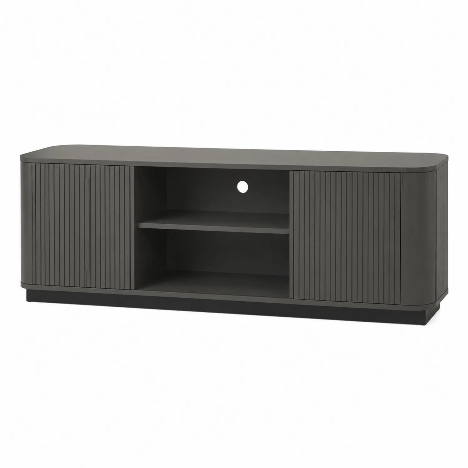 Meuble TV en bois gris avec étagères intégrées 140 cm
