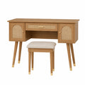 Coiffeuse en bois avec rotin et tabouret rembourré beige