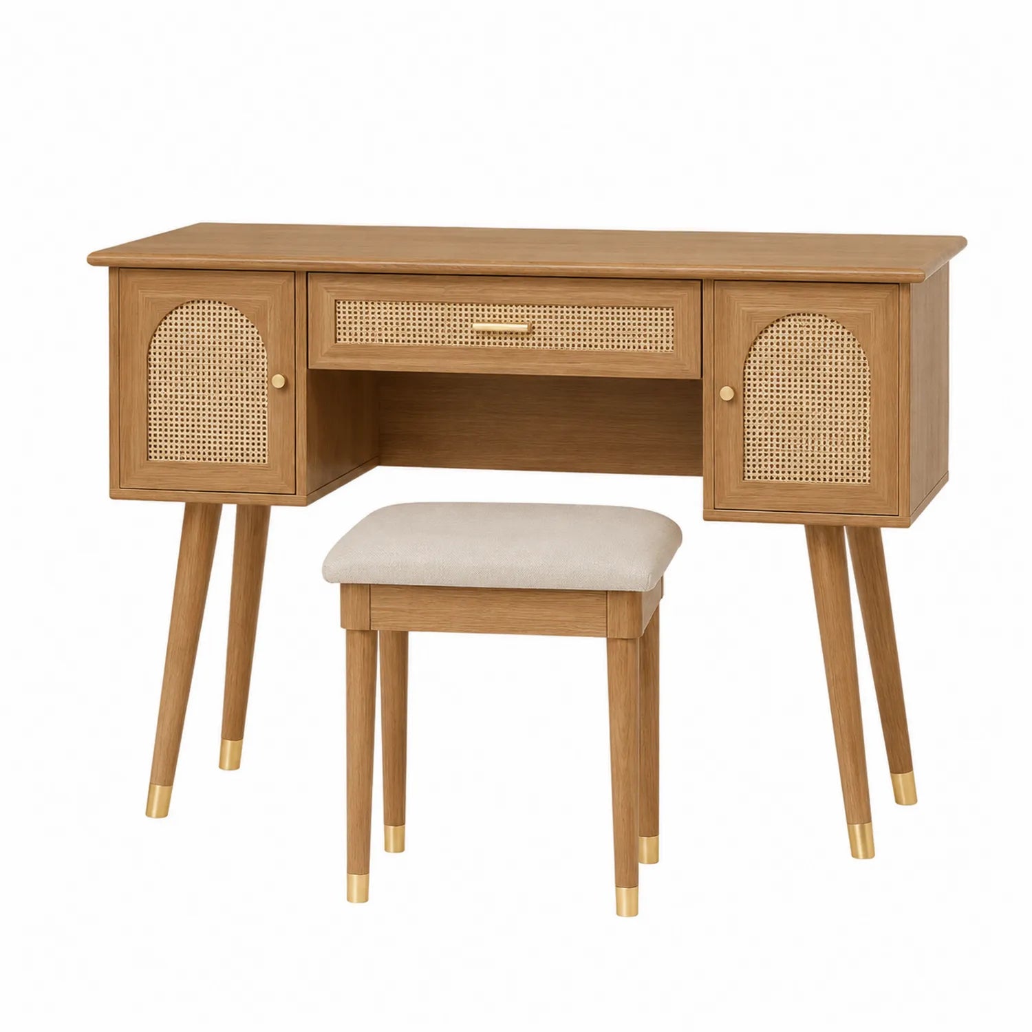 Coiffeuse en bois avec rotin et tabouret rembourré beige