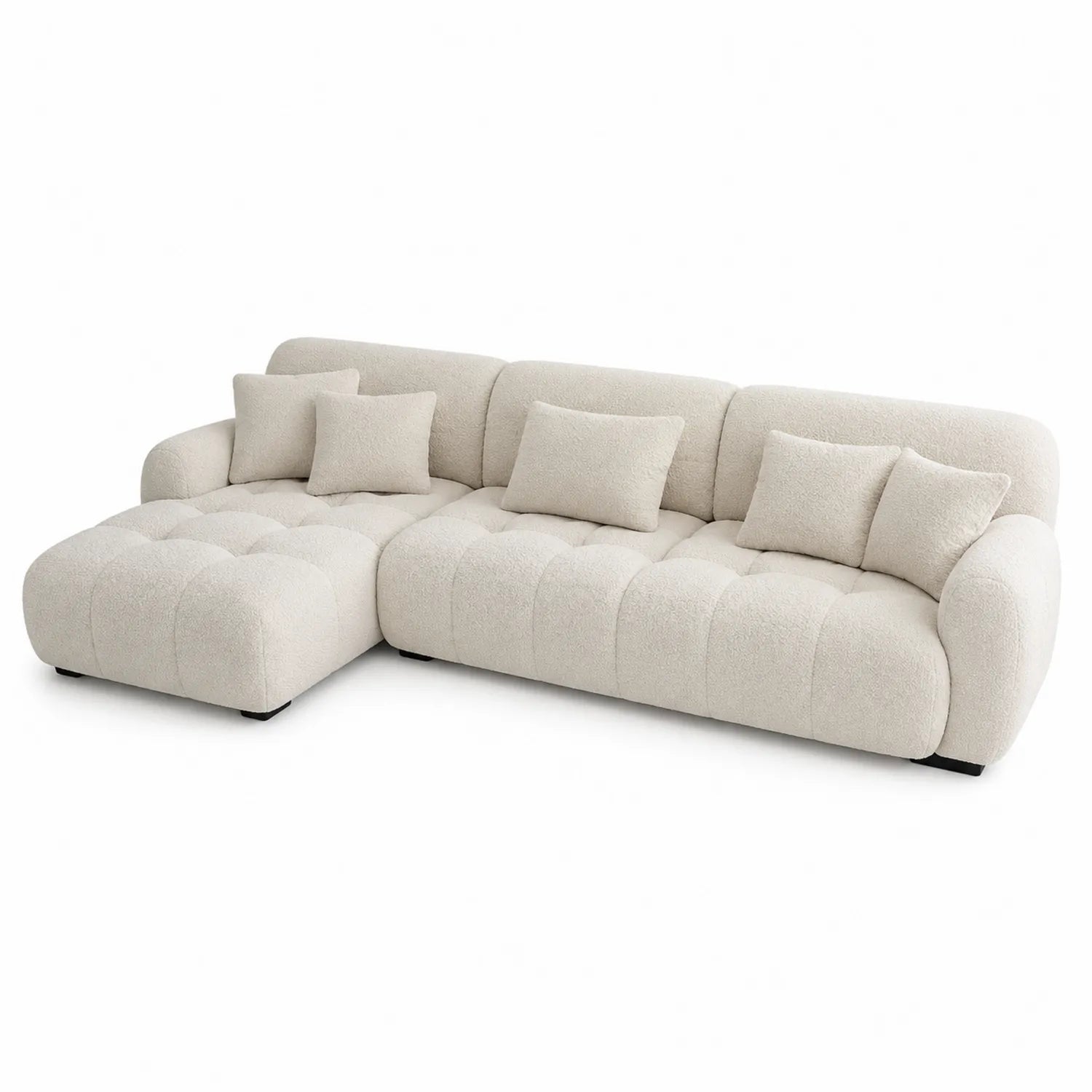 Canapé d'angle en tissu bouclé ivoire avec méridienne