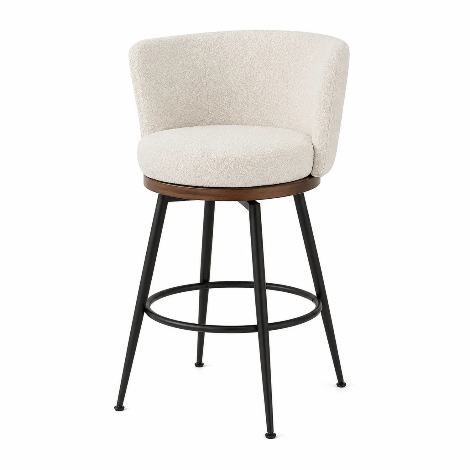 Tabouret de bar pivotant en tissu bouclé beige avec cadre en métal noir