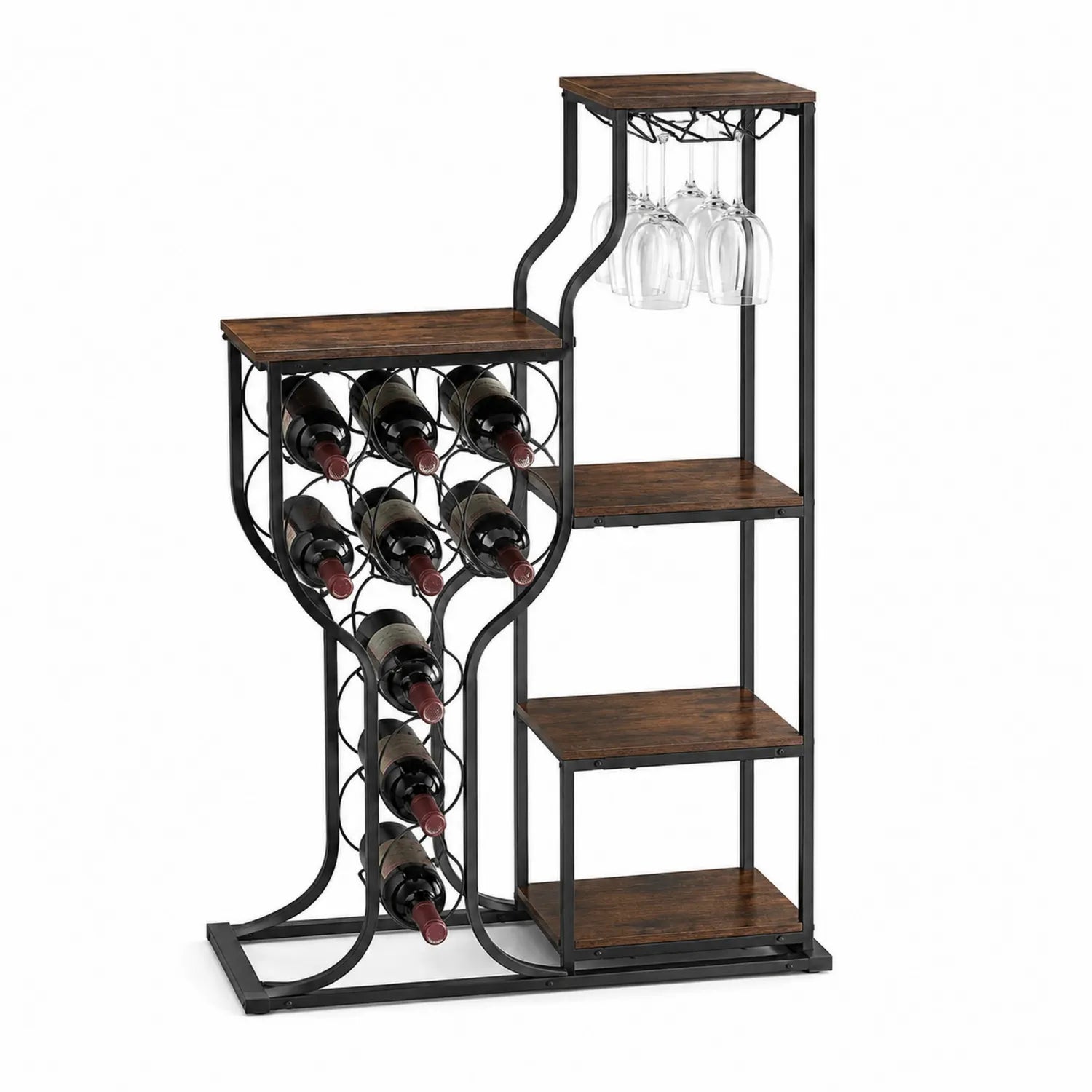 Étagère à vin en métal noir et bois brun avec 3 étagères et porte-verres