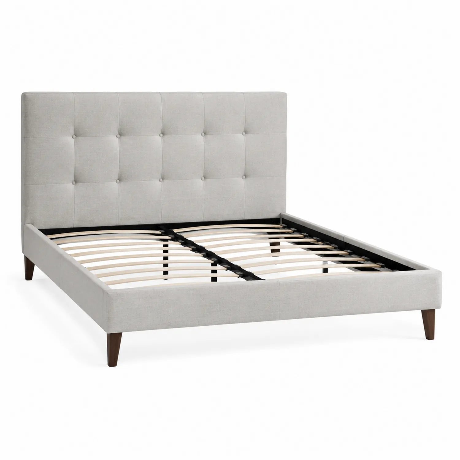 Lit double en tissu avec tête de lit capitonnée et pieds en bois