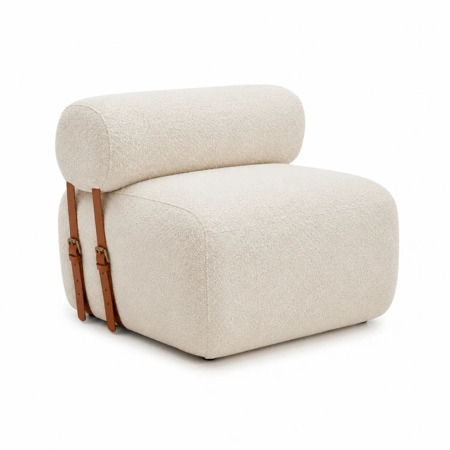 Fauteuil en Tissu Bouclé Beige avec Sangles en Cuir