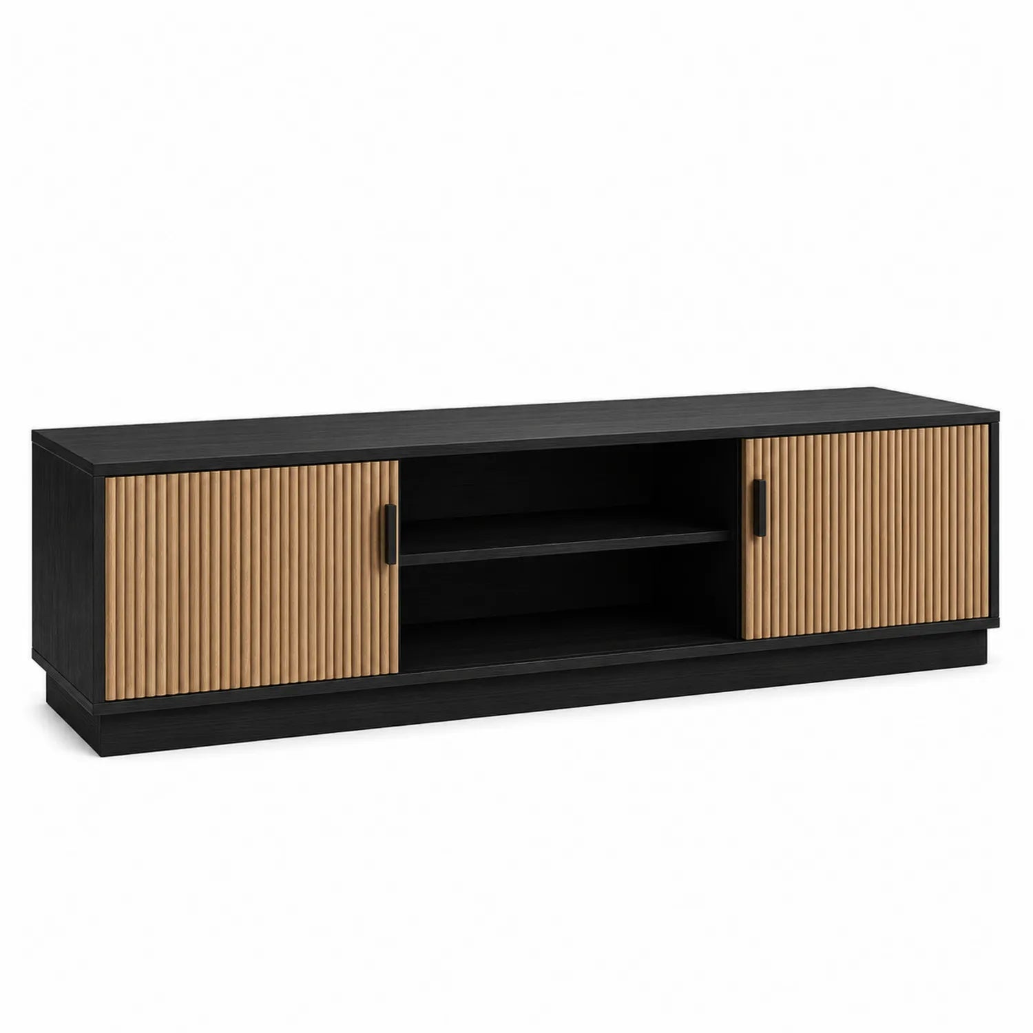 Meuble TV en bois MDF noir et chêne avec portes coulissantes