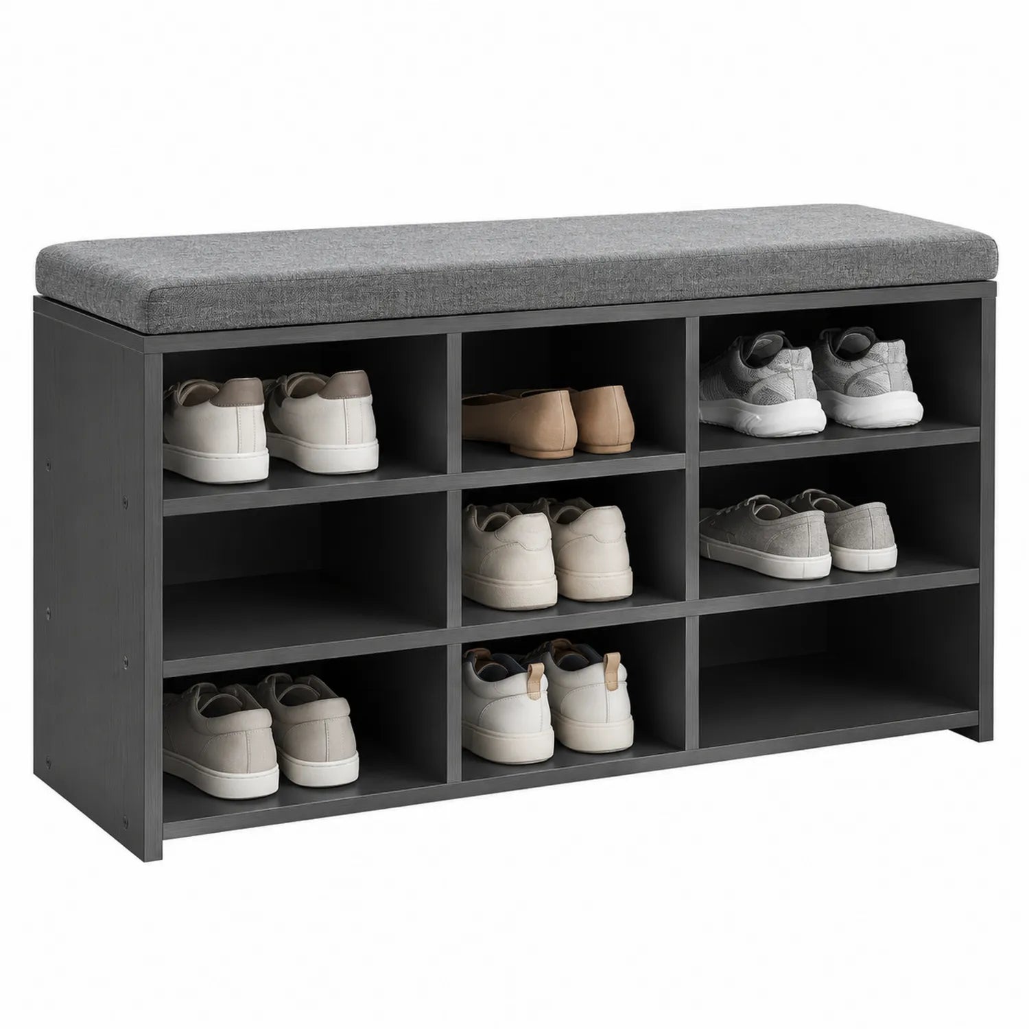 Banc de rangement pour chaussures en bois MDF avec coussin en tissu gris