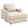 Fauteuil en tissu beige avec repose-pieds et accoudoirs