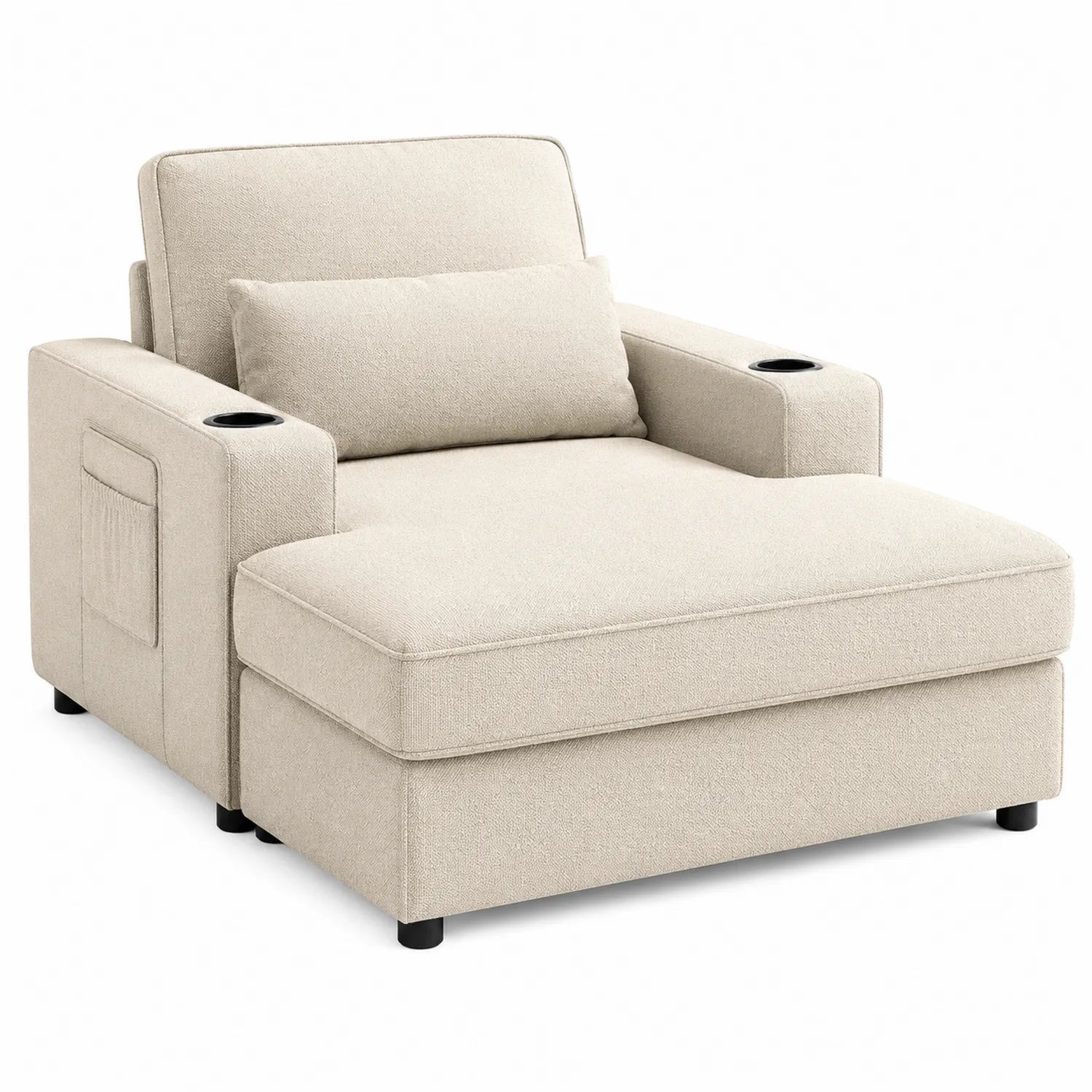 Fauteuil en tissu beige avec repose-pieds et accoudoirs