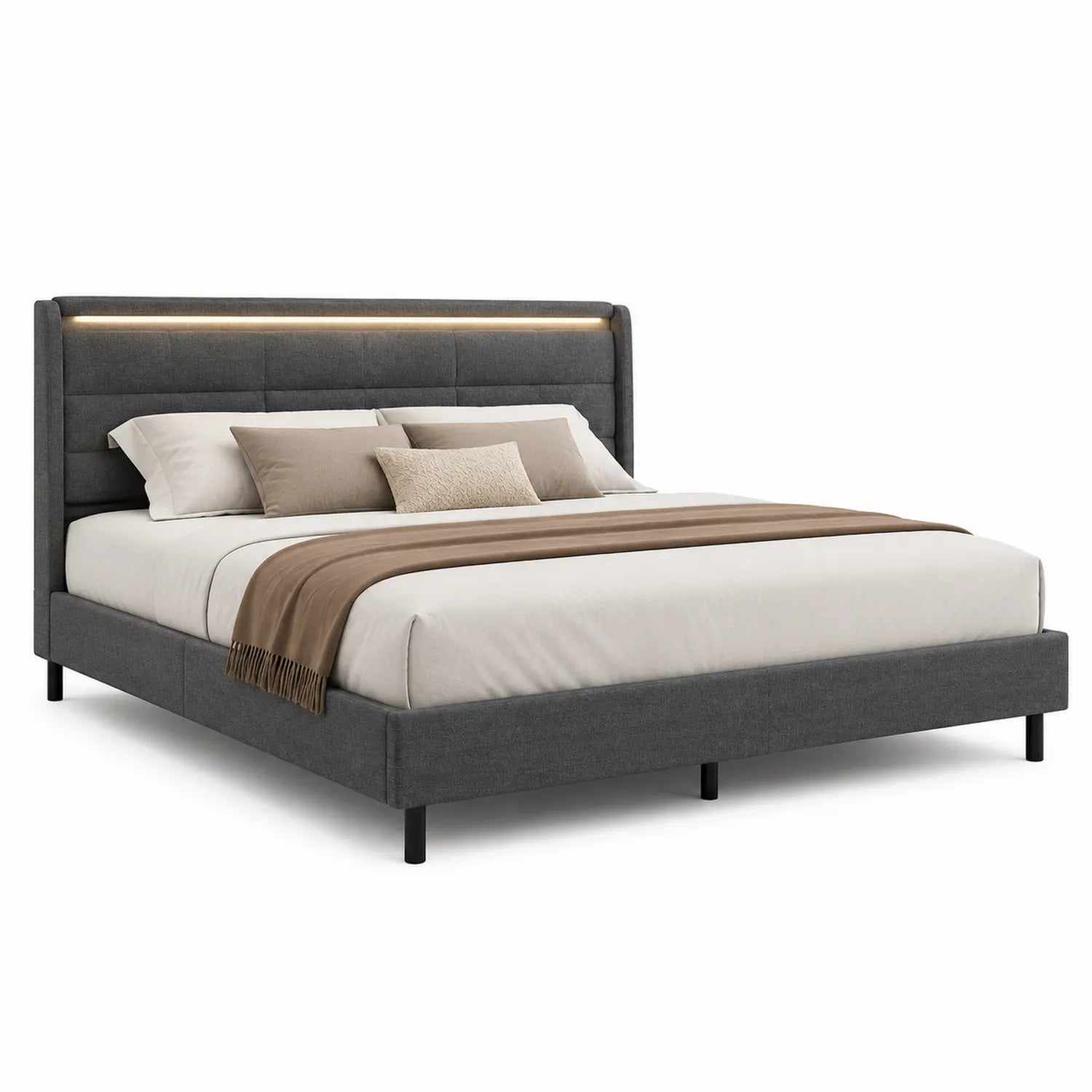 Lit double en tissu gris avec tête de lit rembourrée et éclairage LED intégré