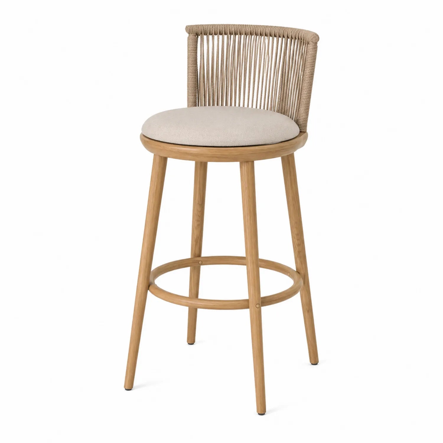 Tabouret de bar en bois avec dossier en corde et coussin beige