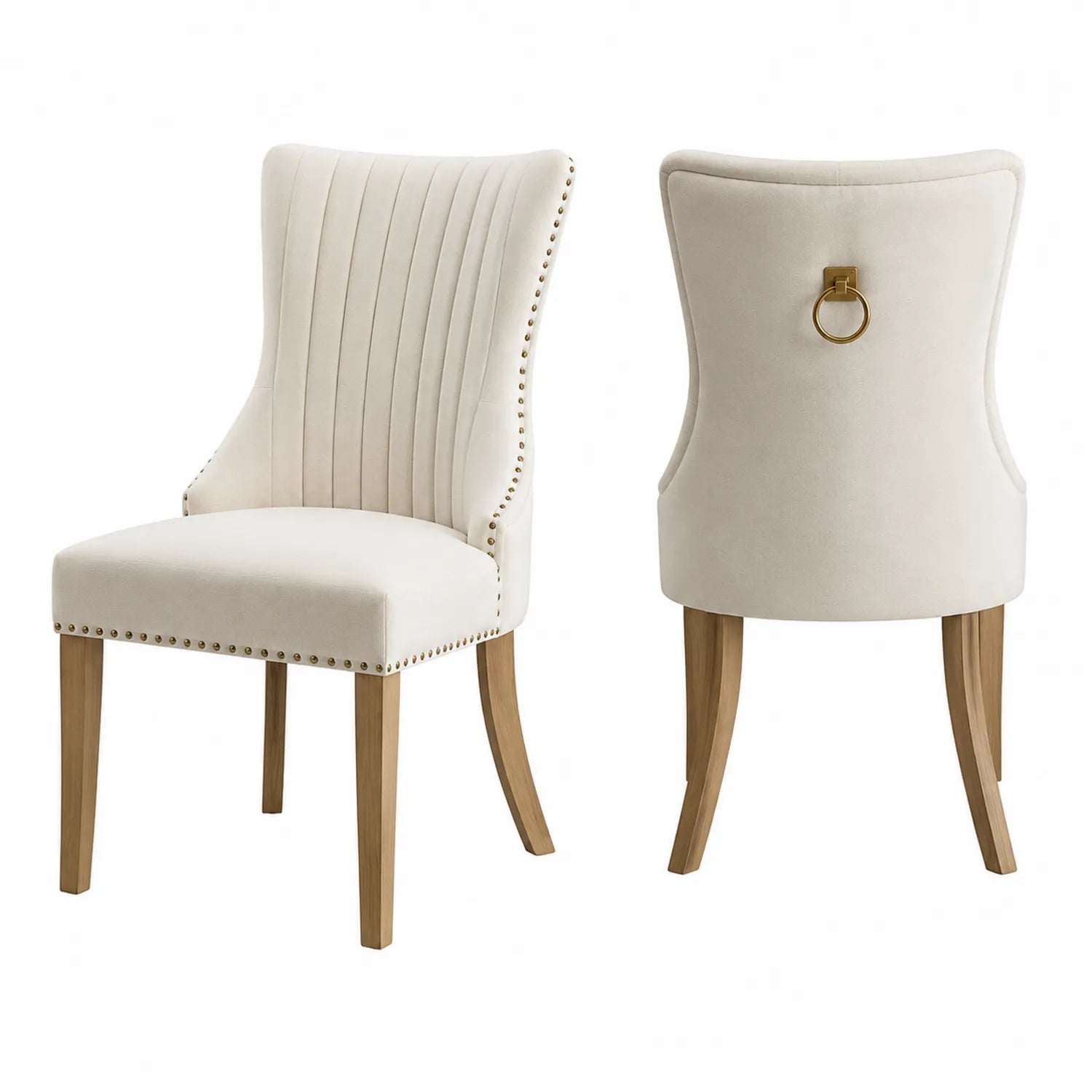 Chaise en velours beige avec pieds en bois