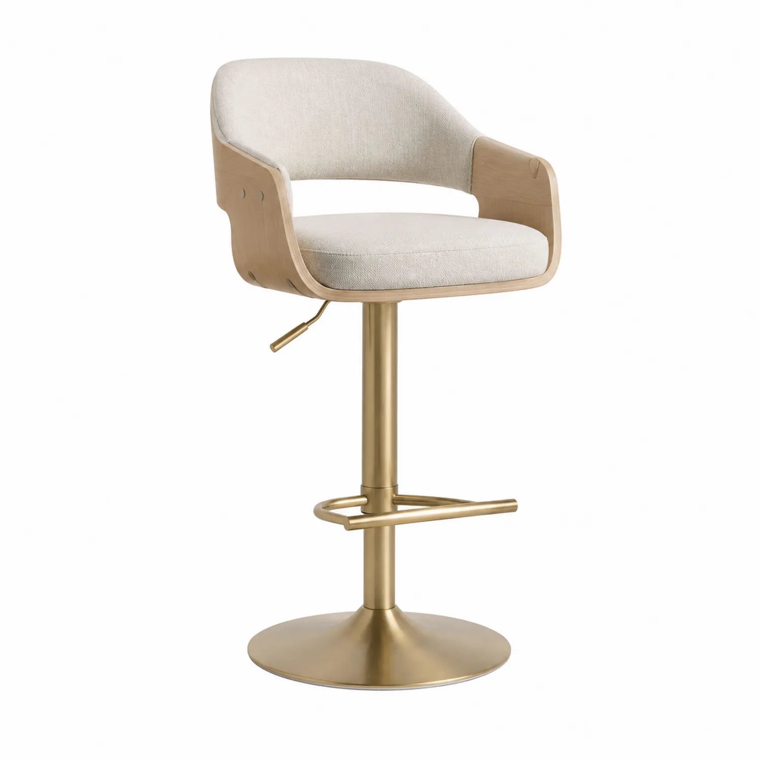 Tabouret de bar tissu beige cadre bois et base métal doré réglable