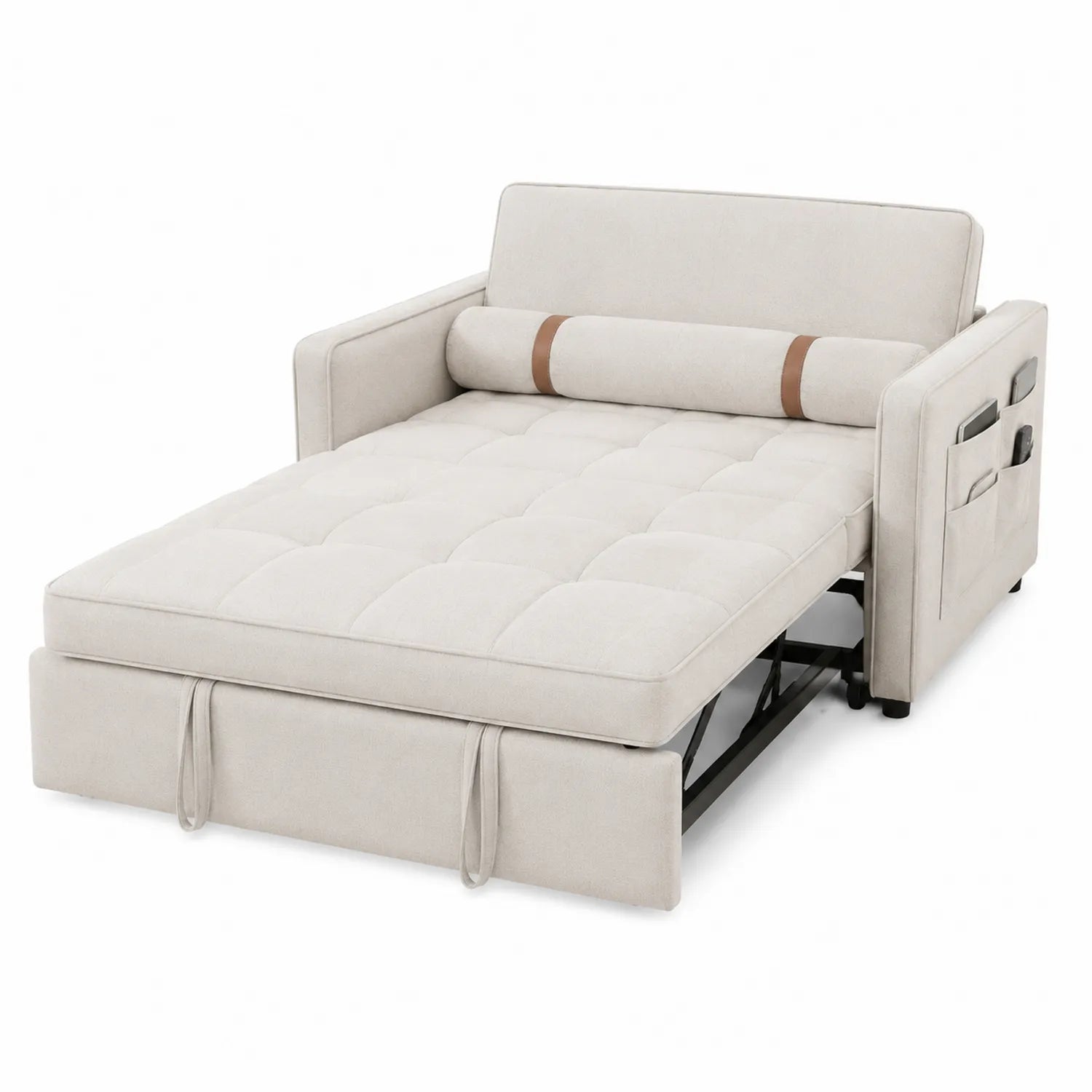 Canapé-lit convertible en tissu beige avec poches latérales